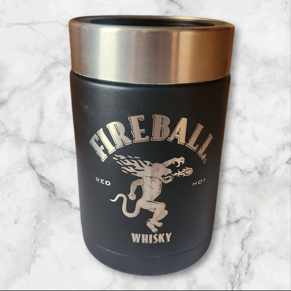 Fireball Black and Silver Laser Engraved Can Koozie